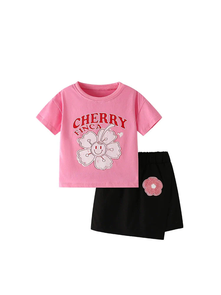 Summer Baby Kids Flowers and Letters Pattern T-shirt and Skirt Clothing Set for Girls-4