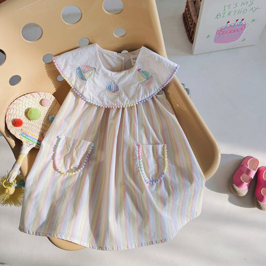 Summer Arrival Baby Kids Girls Sleeveless Boats Pattern Embroidered Striped Dress-0