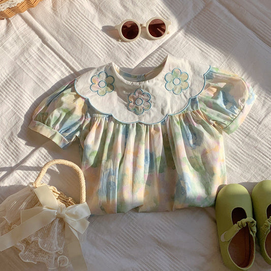 Summer Baby Kids Girls Short Sleeves Oil-Painting Flowers Pattern Dress-1