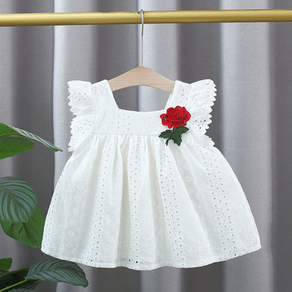Summer Hot Selling Baby Kids Girls Hollow Out Flowers Pattern Fly Sleeves Square Neck Princess Dress-0