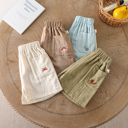 Summer Arrival Kids Unisex Cotton Casual Style Animals Embroidered Pattern Pocketed Shorts-0