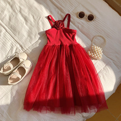 Summer Baby Kids Girls French Sleeveless Flowers Pattern Mesh Patchwork Design Strap Dress-2