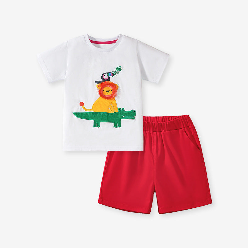 Summer Baby Kids Animals Cartoon Pattern T-shirt and Shorts Clothing Set for Boys-4