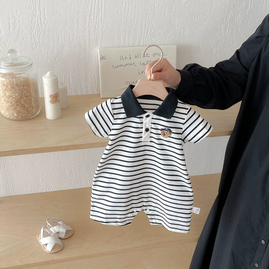 Summer Arrival Baby Boys Teddy Bear Pattern Short Sleeves Rompers with Turn-down Collar-0