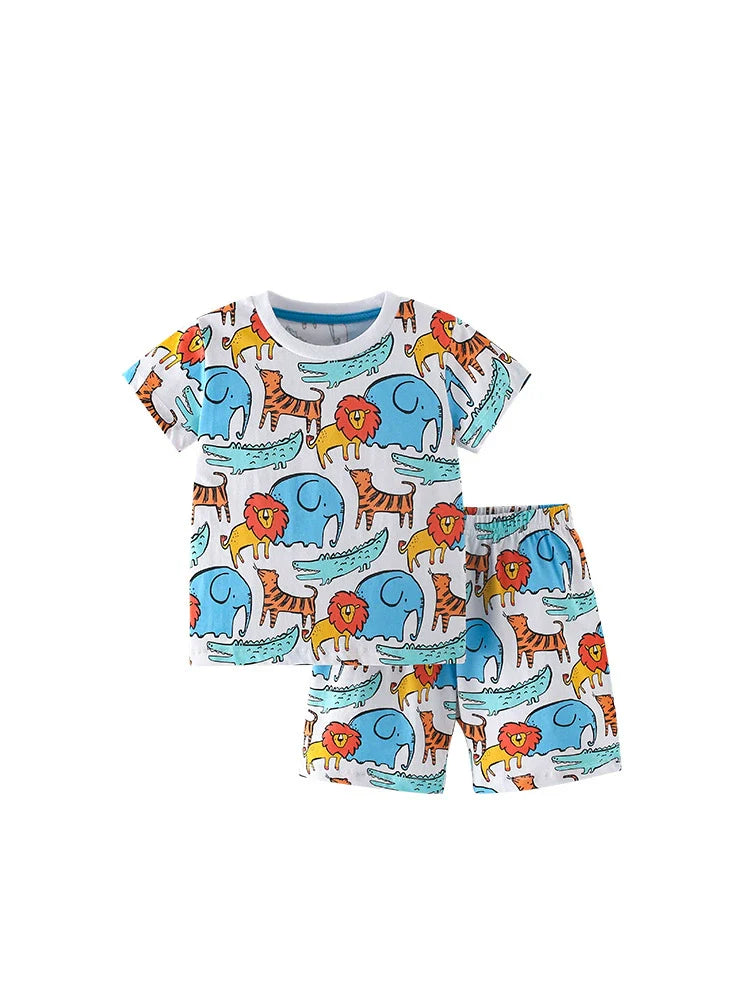 Summer Baby Kids Cartoon Lions and Elephants Pattern T-shirt and Shorts Clothing Set for Boys-4