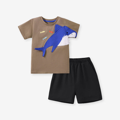 Summer Baby Kids Shark Cartoon Pattern T-shirt and Shorts Clothing Set for Boys-0