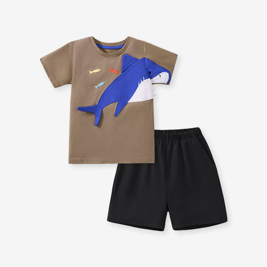 Summer Baby Kids Shark Cartoon Pattern T-shirt and Shorts Clothing Set for Boys-0