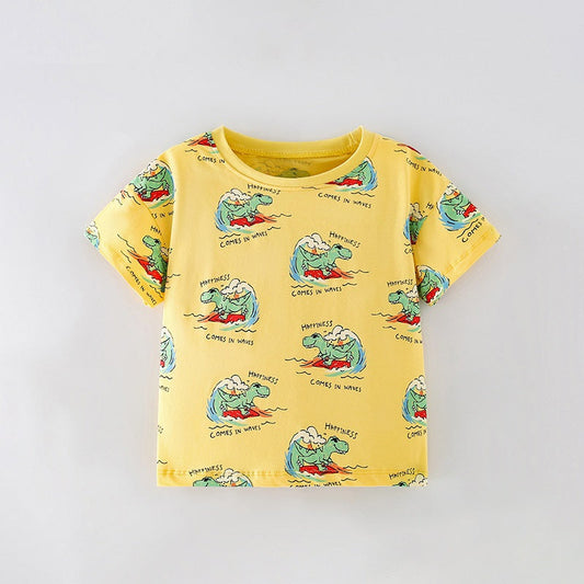 Boys’ Cartoon Dinosaur Pattern Short Sleeves T-Shirt In European And American Style For Summer-1