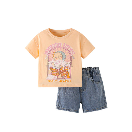Summer Baby Kids Cartoon Pattern T-shirt and Denim Shorts Clothing Set for Girls-0