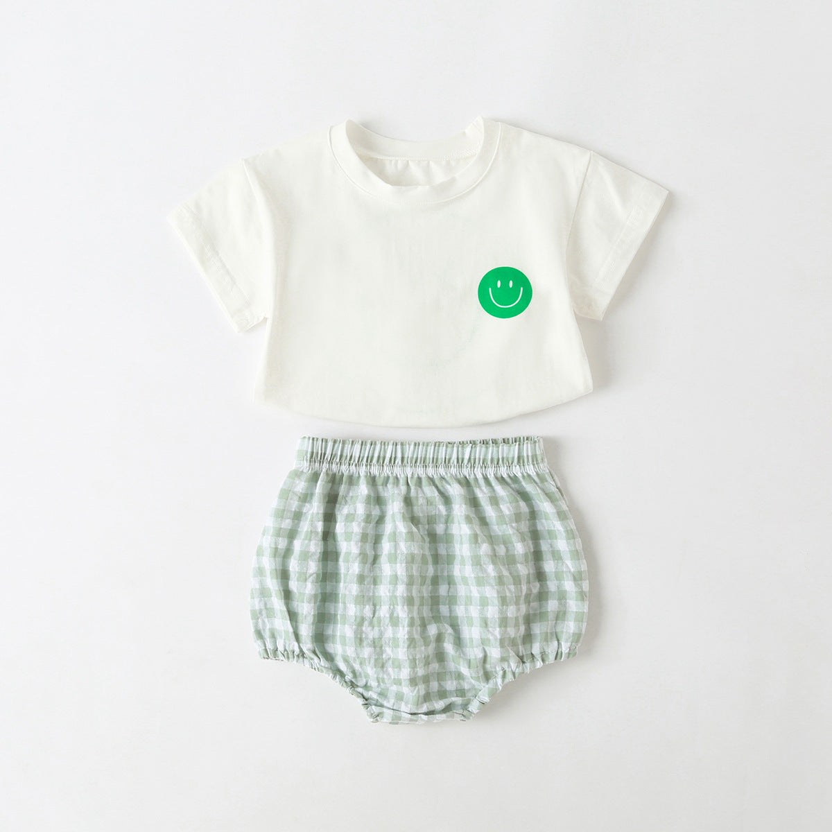 Summer Baby Kids Smiling Face Pattern T-shirt and Plaid Bloomers Clothing Set-2