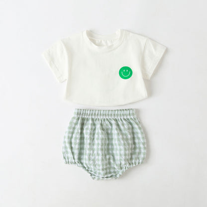 Summer Baby Kids Smiling Face Pattern T-shirt and Plaid Bloomers Clothing Set-2