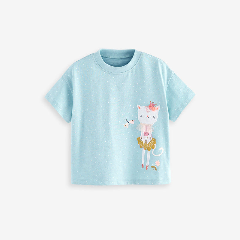 Kids’ Kitten Cartoon Pattern Short Sleeves T-shirt in European and American Style for Summer-4