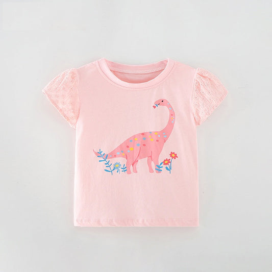Girls’ Cartoon Pink Dinosaur Print Short Sleeves T-Shirt In European And American Style For Summer-0