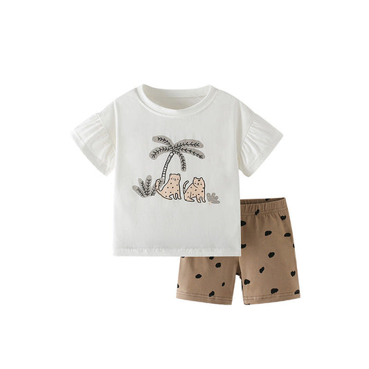 Summer Baby Kids Animals Cartoon Pattern T-shirt and Heart Pattern Shorts Clothing Set for Girls-0