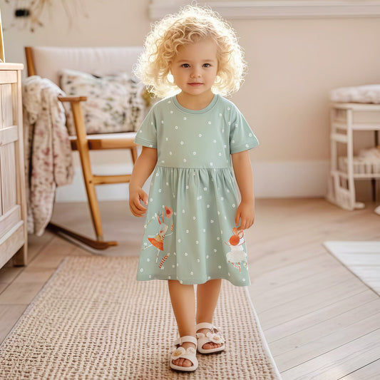 Summer Cartoon Short-sleeved Dress with Crew Neck for Stylish Girls-0
