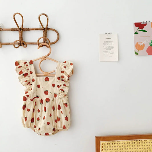 Summer Arrival Baby Girls Strawberry Pattern Sleeveless Onesies-0