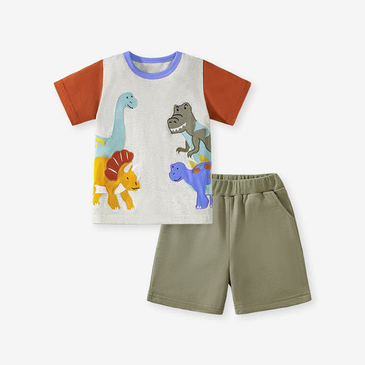 Summer Baby Kids Dinosaurs Cartoon Pattern T-shirt and Shorts Clothing Set-0