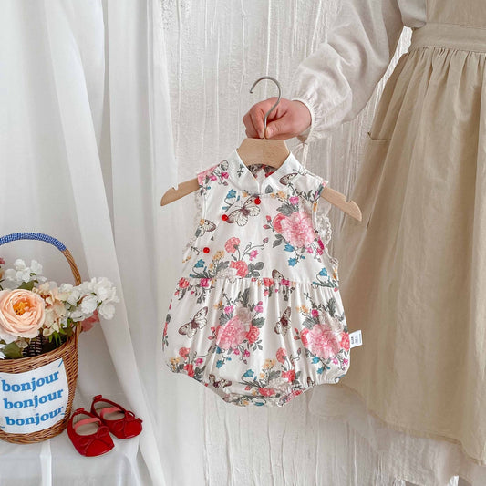 Summer Arrival Baby Girls Cute Floral Sleeveless Stand Collar Onesies-0