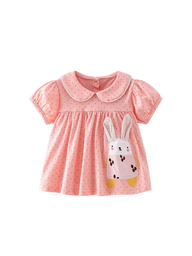 Summer Arrival Rabbit and Dots Pattern Short Sleeves Cute Dress for Stylish Girls-4
