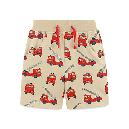 Summer Arrival Kids Boys Cotton Casual Style Cartoon Fire Engines Pattern Shorts-0