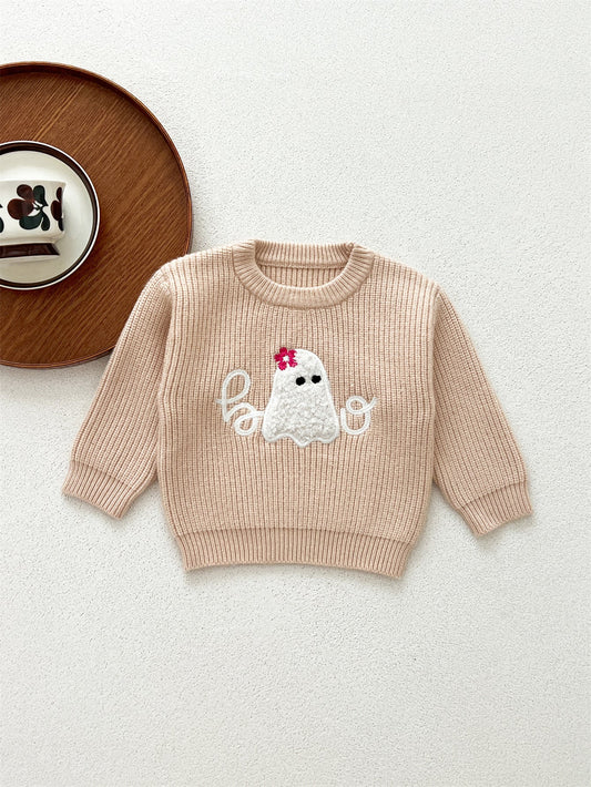 Autumn New Arrival Baby Kids Unisex Comfortable Halloween Ghost Pattern Knitted Long Sleeves Pullover-1