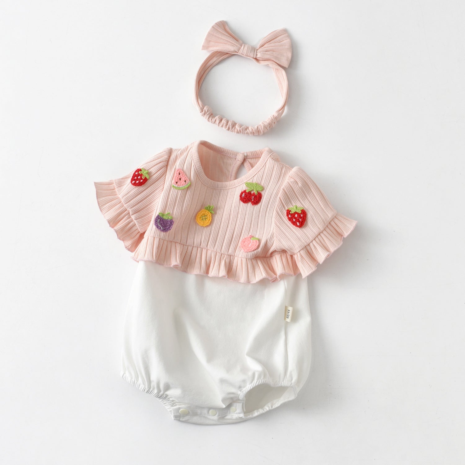 Baby Girls Fruit Embroidered Graphic Lace Sleeve Onesies & Headband-0