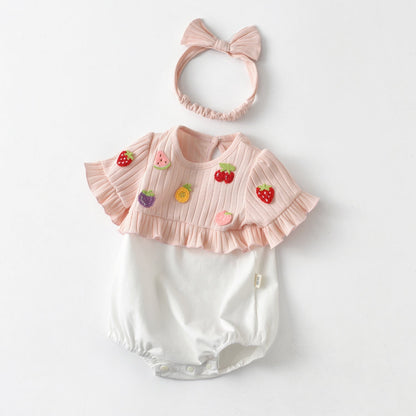Baby Girls Fruit Embroidered Graphic Lace Sleeve Onesies & Headband-0