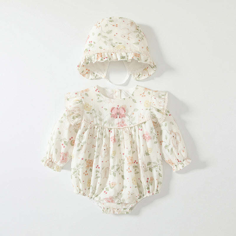 Spring Arrival Baby Girls Flowers Pattern Long Sleeved Onesies with Hat-0