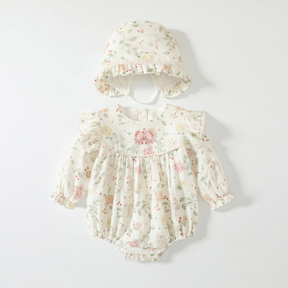 Spring Arrival Baby Girls Flowers Pattern Long Sleeved Onesies with Hat-0