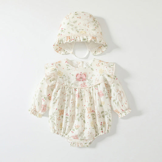 Spring Arrival Baby Girls Flowers Pattern Long Sleeved Onesies with Hat-0