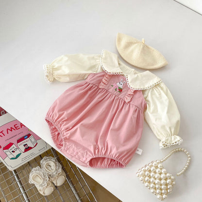 Arrival Spring Girls Long Sleeves Lace-trim Turn-down Collar Top Shirt and Sleeveless Onesies Clothing Set-0