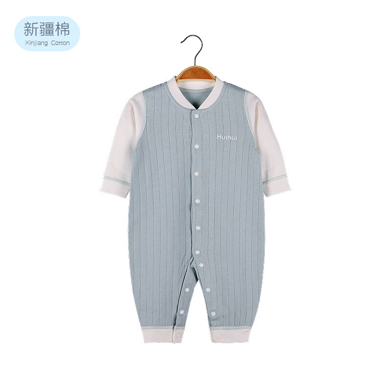 Baby Solid Color Pit Strip Fabric Single Breasted Design Cotton Jumpsuit Pajamas-5