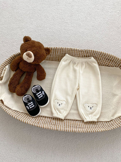 Spring Adorable Baby Kids Unisex Teddy Bear Knitted Waffle Grid Thin Pants-5