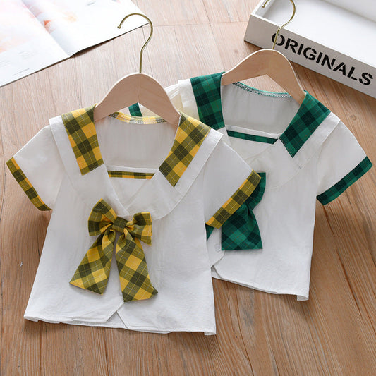 Summer New Design Baby Kids Girls Geometric Argyle Pattern Square Neck Short Sleeves Preppy Tops-0