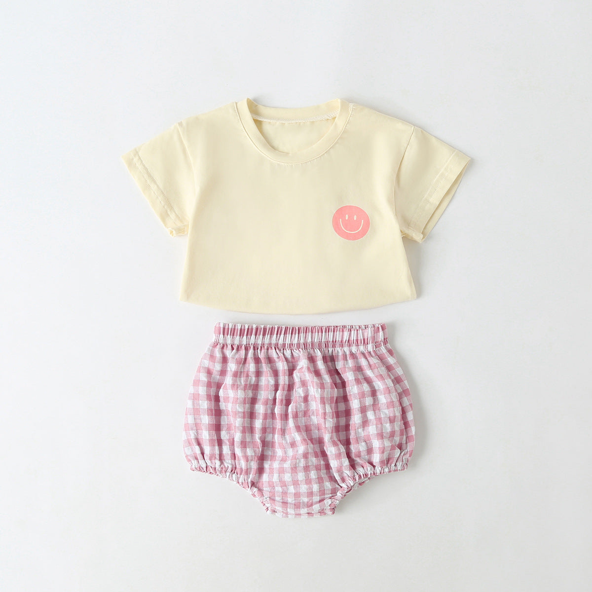 Summer Baby Kids Smiling Face Pattern T-shirt and Plaid Bloomers Clothing Set-3