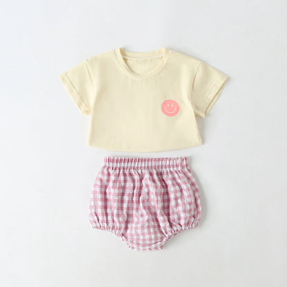 Summer Baby Kids Smiling Face Pattern T-shirt and Plaid Bloomers Clothing Set-3