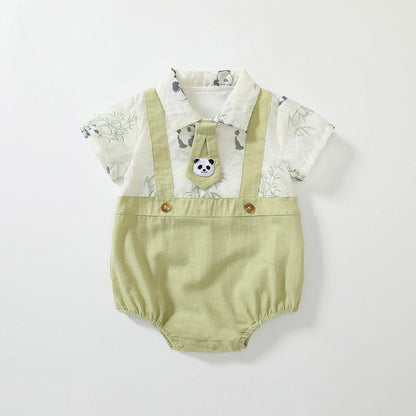 Summer Arrival Baby Boys Short Sleeves Cute Panda Pattern Onesies-0