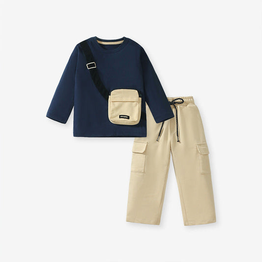 Spring And Autumn Boys Sling Bag Pattern Color Patchwork Long Sleeves Top Sweatshirt And Solid Color Pocketed Pants Clothing Set-0