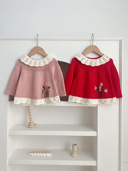 Autumn New Arrival Baby Kids Girls Comfortable Hollow-out Design Knitted Long Sleeves Top with Flowers Embroidery Pattern and Collar-0