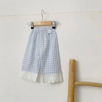 Summer Arrival Kids Girls Lace Decorated Plaid Pants-2