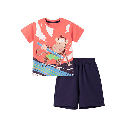 Summer Baby Kids Monkey Cartoon Pattern T-shirt and Shorts Clothing Set for Boys-0