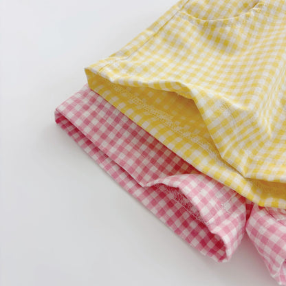 Summer Hot Selling Baby Kids Unisex Short Sleeves Cartoon Printed T-shirt and Plaid Shorts Clothing Set-4