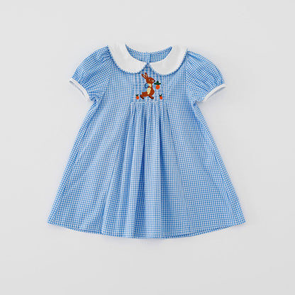 Summer Baby Kids Girls Short Sleeves Rabbit Embroidery Plaid Dress-0