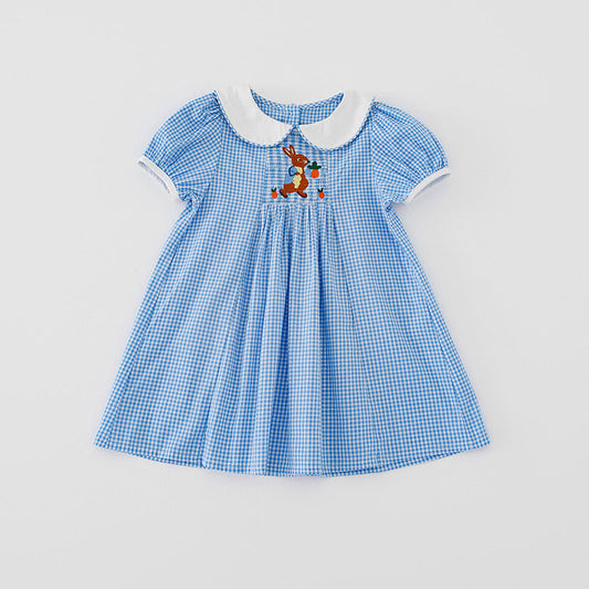 Summer Baby Kids Girls Short Sleeves Rabbit Embroidery Plaid Dress-0