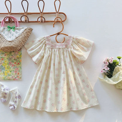 Summer Baby Kids Girls Short Sleeves Square Neck Flowers Pattern Printed Dress-0