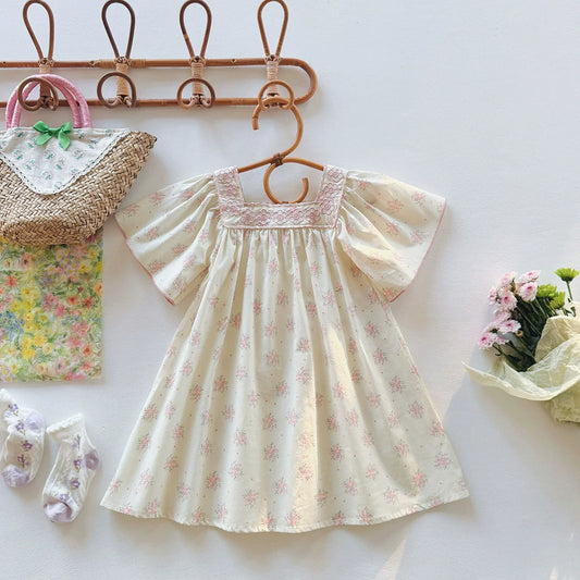 Summer Baby Kids Girls Short Sleeves Square Neck Flowers Pattern Printed Dress-0