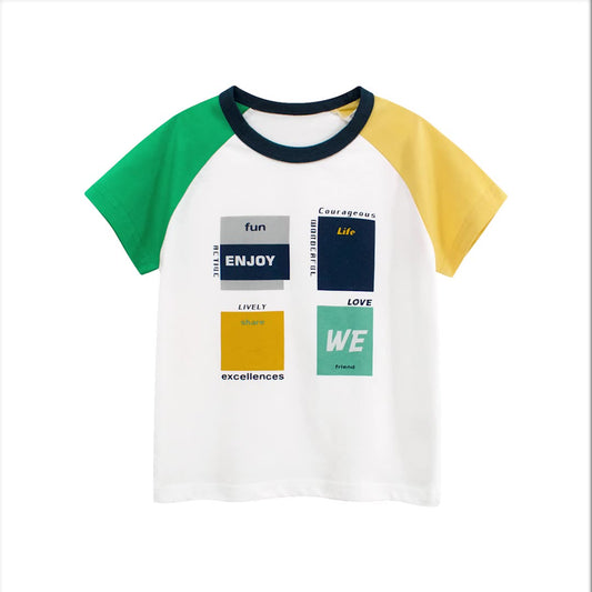 Summer Boys’ Letters and Geometric Pattern T-shirt in European and American Style-0