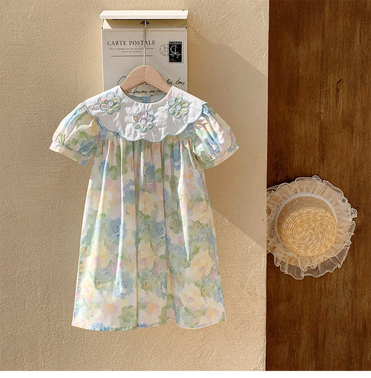 Summer Baby Kids Girls Short Sleeves Oil-Painting Flowers Pattern Dress-0