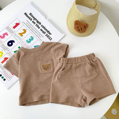 Summer Hot Selling Baby Kids Unisex Short Sleeves Crew Neck Top Shirt with Teddy Pattern and Shorts Clothing Set-3