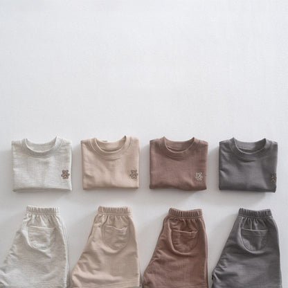 Summer Hot Selling Baby Kids Unisex Short Sleeves Teddy Logo Pattern T-Shirt and Plain Shorts Clothing Set-2